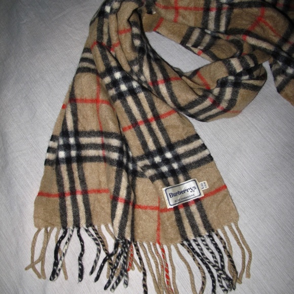 BURBERRYS Pure Cashmere Nova Plaid Scarf Tan Black Red Natural 12 x 53 - Picture 5 of 7